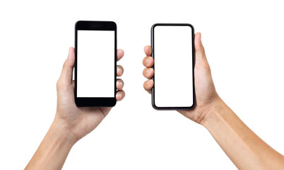 Hand man holding mock up mobile smartphone with blank screen isolated on white background with clipping path