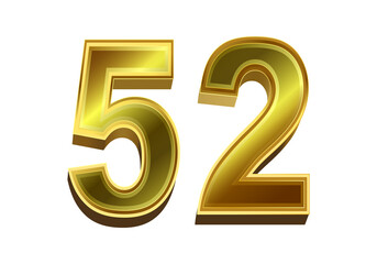 3d golden number 52  isolated on white background