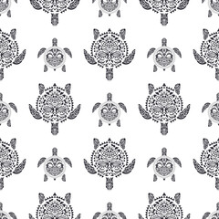 Sea turtles seamless pattern. Polynesian tribal pattern. Seamless vector background.