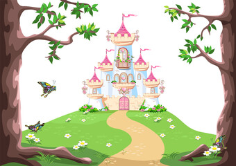 Fototapety  Fairy background with princess castle in the forest. Castle with pink flags, precious hearts, roofs, towers and gates on a white background. Vector illustration for a fairy tale.
