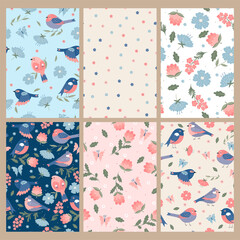 Set of cute spring seamless patterns with birds and flowers. Vector graphics.