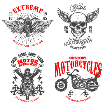 Set of the racer emblems. Winged racer skull, motorcycle, biker skeleton. Design element for logo, label, sign, emblem, poster, t shirt. Vector illustration