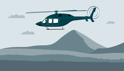 Helicopter with pilot flies against the background of an abstract landscape. Vector illustration. © lyudinka