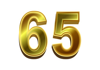3d golden number 65  isolated on white background