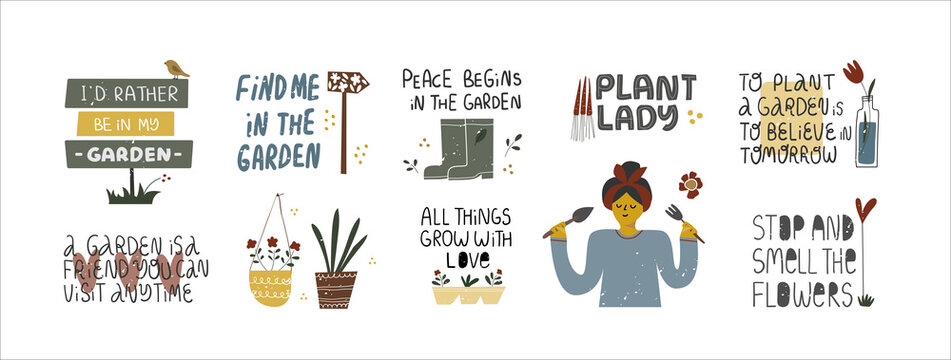 Set Of Cute Positive Funny Gardening Quotes.