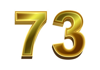 3d golden number 73  isolated on white background