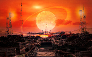 The road to space exploration. Alien techno planet and launch pad at the sunset sky with...