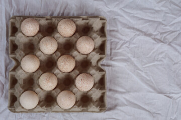 turkey egg in zero waste packaging on white cloth background