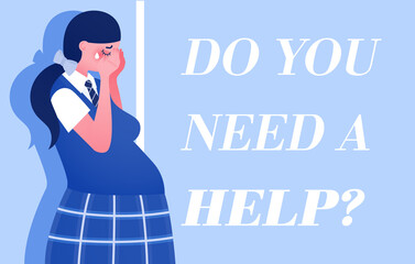 Vector template of poster about help pregnant teenagers. Horizontal banner with copy space and sad pregnant teen girl. Young women shelter, social help center or crisis center concept