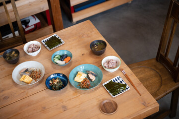 Delicious-looking Japanese food, wide angle, copy space available