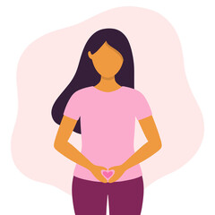 Woman health concept vector illustration. Standing woman with heart shaped hands at belly and crotch zone with an abstract background.