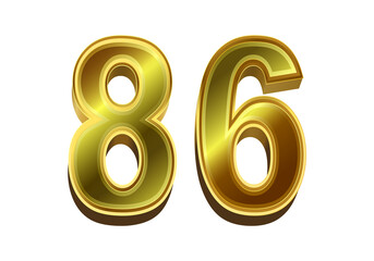 3d golden number 86  isolated on white background