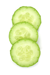 Slices of green cucumber on white background