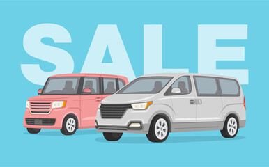 Driving a car. Sale poster design template with japanese kei car and korean van car. Flat vector illustration.