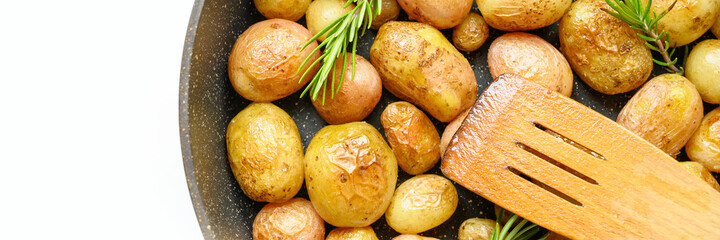 Golden roasted potatoes in the skin. banner