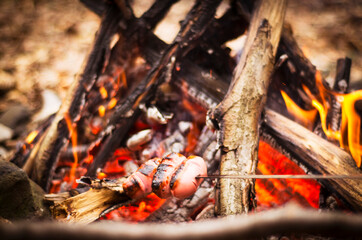 barbecue fire and sausages, outdoor recreation, pork sausages are fried on an open fire