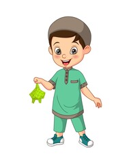 Happy Muslim boy cartoon holding a Ketupat