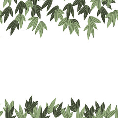 Floral frame with colorful exotic branches on white background. Ornate border with tropic leaves. Vector stock illustration for wallpaper, posters, card. Doodle style. Copy space.