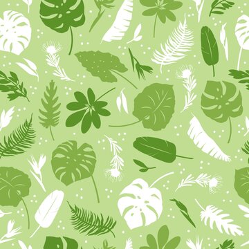 Vector seamless pattern of tropical leaves, plants, flowers on dark green. Beautiful print with exotic plants. Botanical design of fabrics, wallpapers, for natural cosmetics, perfumes, women's goods