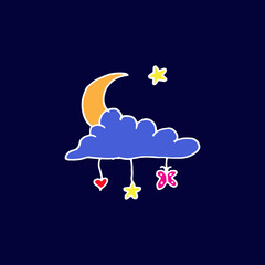 night background. blue cloud with crescent moon and stars. white outline, hand drawn vector. beautiful night view. baby wall decoration. doodle space art for kids, wallpaper, card, poster, banner