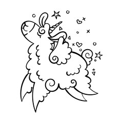 Cute curly llama unicorn is flying and dancing with happiness. Illustration for coloring pages, children and adult prints, baby shower