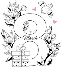 March 8. Holiday card for International Women's Day. Number eight, a bouquet of flowers, hearts and leaves, a box with a gift and a bird. Vector. Decorative pattern, black line, outline