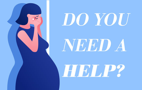 Vector Template Of Ad Poster For Pregnant Women Shelter. Horizontal Banner With Copy Space And Crying Pregnant Young Women In Trouble. Stop Domestic Violence And Abuse, Crisis Center Concept