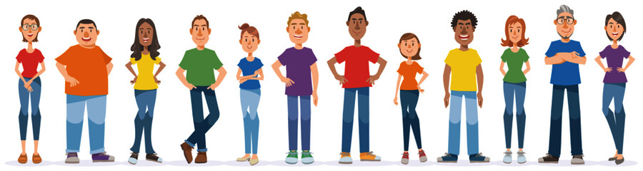 People in colorful T-shirt standing with smile. Set of diverse people whole body on white background. Vector illustration in flat cartoon style.
