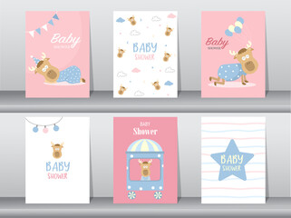 Fototapeta na wymiar Set of baby shower invitation cards, poster, template, greeting, cute, animal,Vector illustrations
