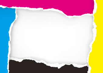 Ripped paper frame with print colors.
Torn paper with CMYK colors.Place for your image or text. Concept for presenting color printing. Vector available.
