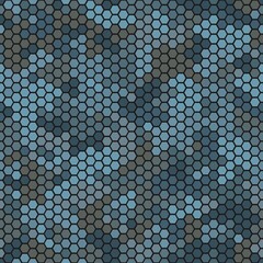 Camouflage seamless pattern with blue hexagonal geometric camo ornament