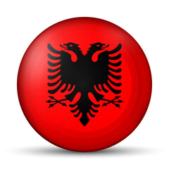 Fototapeta premium Glass light ball with flag of Albania. Round sphere, template icon. Albanian national symbol. Glossy realistic ball, 3D abstract vector illustration highlighted on a white background. Big bubble.