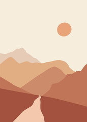 Abstract landscape illustration. Mountains, sun, moon, sunset, desert, hills minimalist design. Trendy mid century art, boho home decor, wall art.