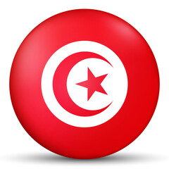 Obraz premium Glass light ball with flag of Tunisia. Round sphere, template icon. Tunisian national symbol. Glossy realistic ball, 3D abstract vector illustration highlighted on a white background. Big bubble.