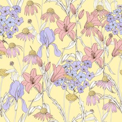 Flowers on a yellow background. Floral vector seamless pattern with lilies, dandelions, phlox and irises.