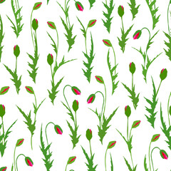 Fototapeta na wymiar Vector seamless pattern :red and pink poppy buds with green leaves on white. Floral design for textile, wallpaper, wrapping paper, notebook cover, card in nice vintage style