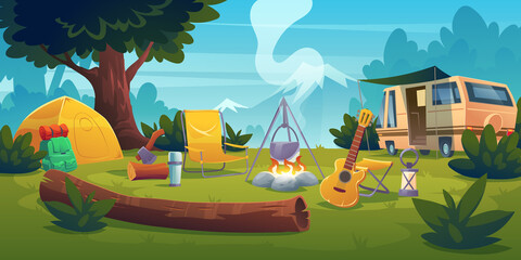 Summer camp with bonfire, tent, van, backpack, chair and guitar. Vector cartoon landscape with mountain, forest and campsite. Equipment for travel, hiking and activity vacation - obrazy, fototapety, plakaty