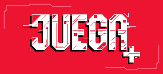 Juega, Play Spanish text, vector Gaming emblem design.