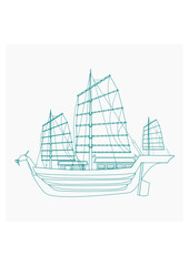 Editable Isolated Outline Style Side View Ancient Japanese or Oriental Ship Vector Illustration for Tourism Travel Transportation and Historical or Cultural Education Related Design
