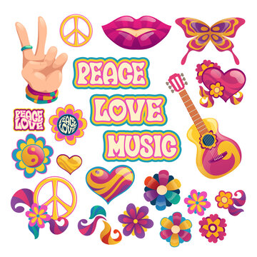 Hippie icons, signs of peace, love and music. Vector cartoon set symbols of hippy culture with hearts, flowers, guitar, hand gesture and smile lips isolated on white background
