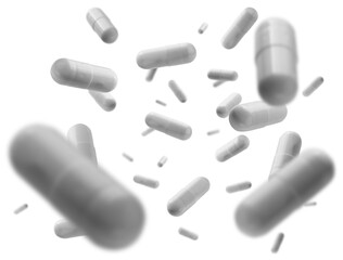 Capsules with the drug levitate on a white background