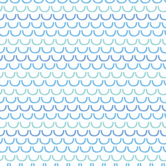 Abstract wave pattern, cute hand drawn vector seamless repeat of wavy stripes in blue and green. 