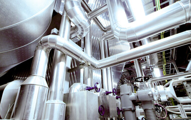 Equipment, cables and piping as found inside of a modern industrial power plant