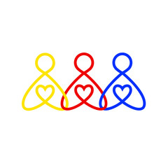 Three human figures with heart icon. Human icon isolated on white background. Three multi-colored person.