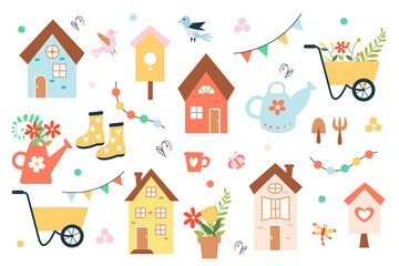 Obraz na płótnie Canvas Cute spring set - house, birdhouse, watering can, birds, flowers, garden cart, boots and others. Great for design of invitations, cards, parties, scrapbooking, stickers. Vector illustration. 