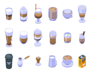 Latte icons set. Isometric set of latte vector icons for web design isolated on white background