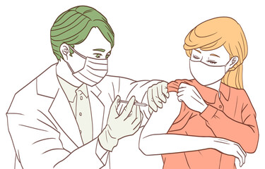 予防接種を受ける若い女性（シンプルカラーバージョン）