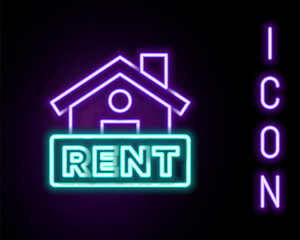 Glowing neon line Hanging sign with text Rent icon isolated on black background. Signboard with text For Rent. Colorful outline concept. Vector.