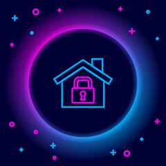 Glowing neon line House under protection icon isolated on black background. Home and lock. Protection, safety, security, protect, defense concept. Colorful outline concept. Vector.