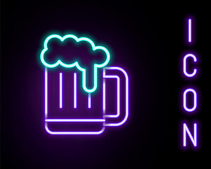 Glowing neon line Wooden beer mug icon isolated on black background. Colorful outline concept. Vector.